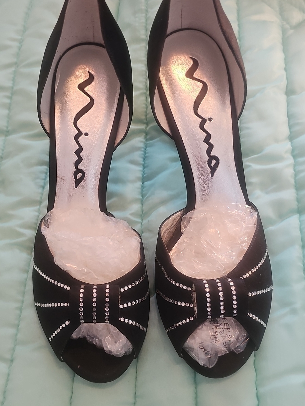 Nina Black Satin Peep-Toe Heels with Rhinestone Bow